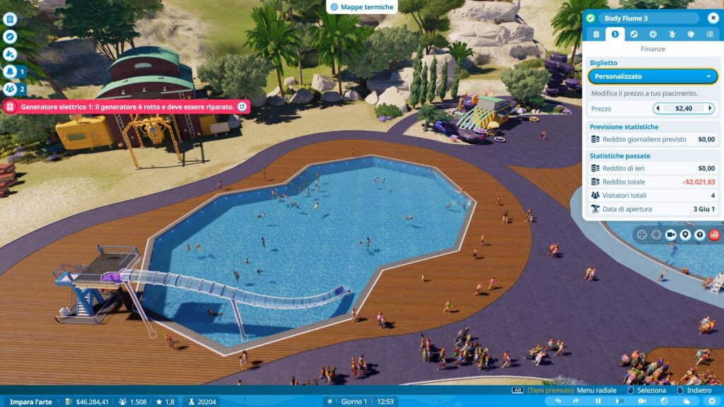 Una piscina dai bordi spigolosi, poco affollata, creata nel gioco Planet Coaster 2. 